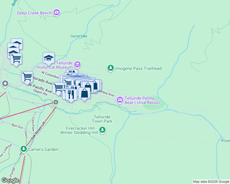 map of restaurants, bars, coffee shops, grocery stores, and more near 600-698 E Columbia Ave in Telluride