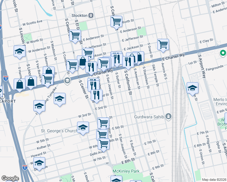 map of restaurants, bars, coffee shops, grocery stores, and more near 1614 South San Joaquin Street in Stockton