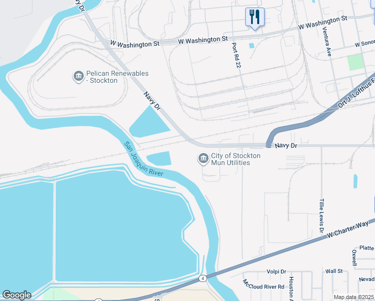 map of restaurants, bars, coffee shops, grocery stores, and more near 2500 Navy Drive in Stockton
