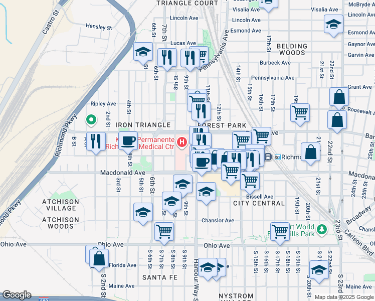 map of restaurants, bars, coffee shops, grocery stores, and more near 901 Nevin Avenue in Richmond