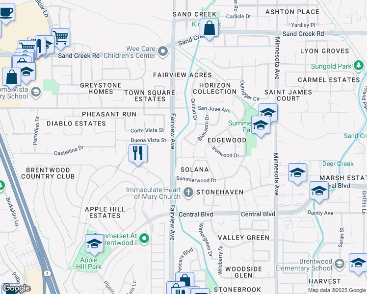 map of restaurants, bars, coffee shops, grocery stores, and more near 900 Orchid Court in Brentwood