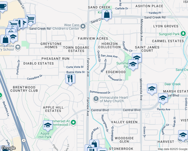 map of restaurants, bars, coffee shops, grocery stores, and more near 900 Orchid Court in Brentwood