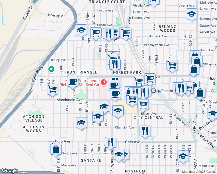 map of restaurants, bars, coffee shops, grocery stores, and more near 901 Nevin Avenue in Richmond
