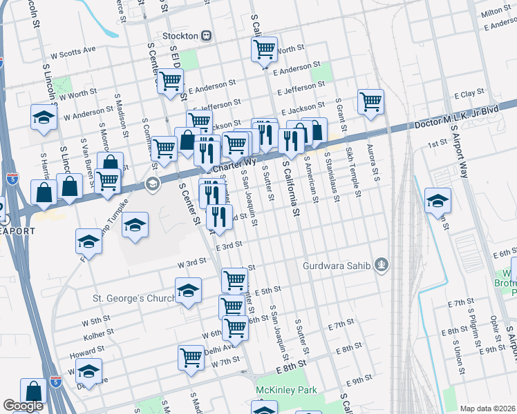 map of restaurants, bars, coffee shops, grocery stores, and more near 1614 South San Joaquin Street in Stockton