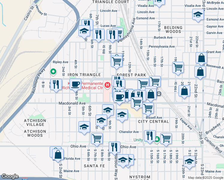 map of restaurants, bars, coffee shops, grocery stores, and more near 310 9th Street in Richmond