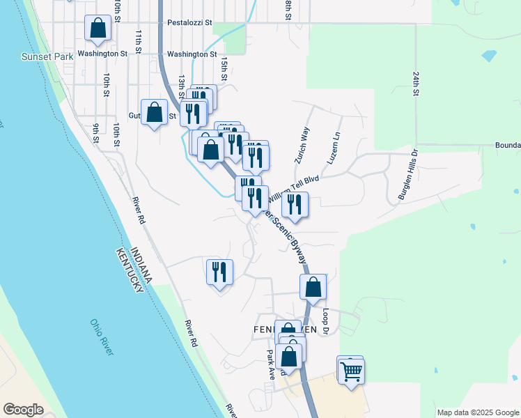 map of restaurants, bars, coffee shops, grocery stores, and more near in Tell City