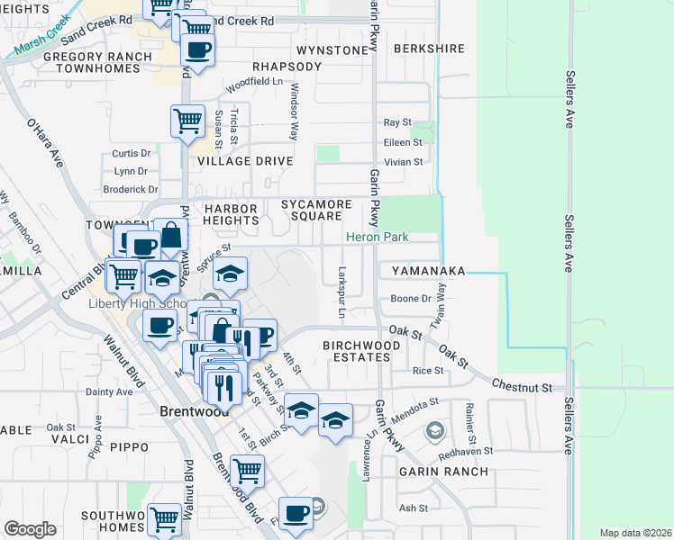 map of restaurants, bars, coffee shops, grocery stores, and more near 801 Prarie Rose Way in Brentwood
