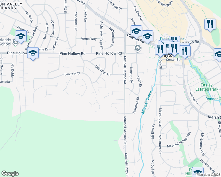 map of restaurants, bars, coffee shops, grocery stores, and more near 5817 Mitchell Canyon Court in Clayton