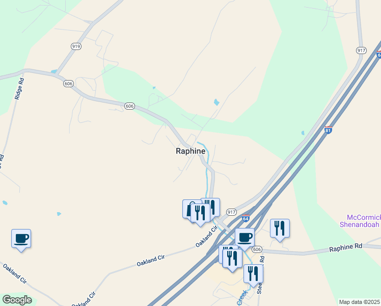 map of restaurants, bars, coffee shops, grocery stores, and more near in Raphine