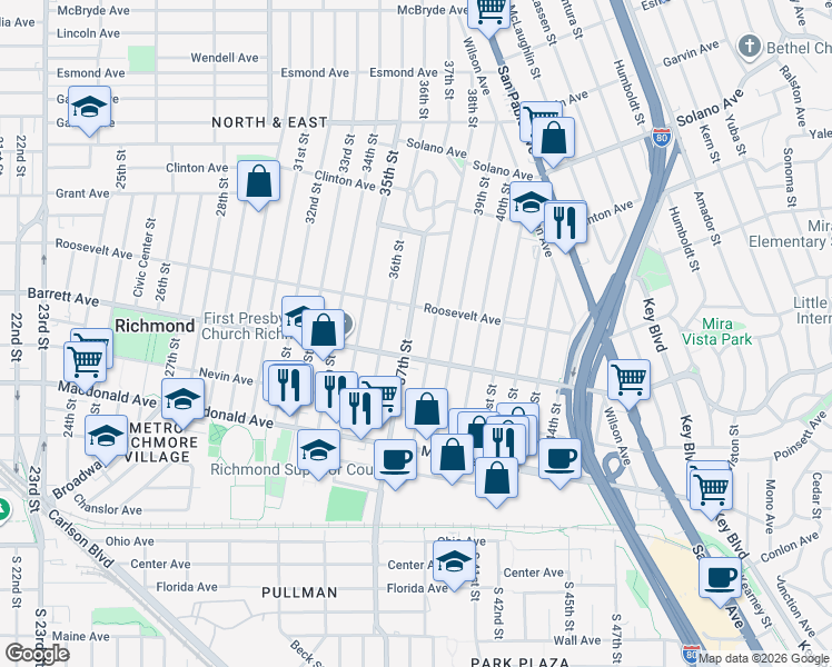 map of restaurants, bars, coffee shops, grocery stores, and more near 500 38th Street in Richmond