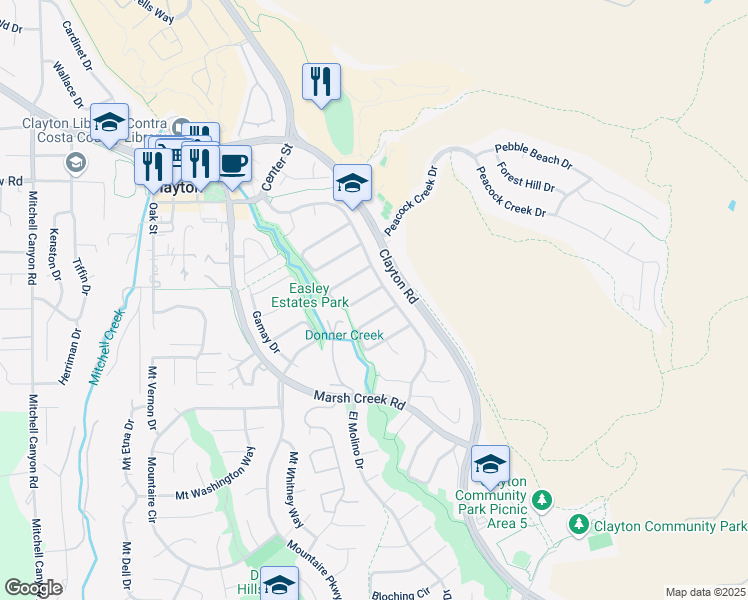 map of restaurants, bars, coffee shops, grocery stores, and more near 407 Grenache Circle in Clayton