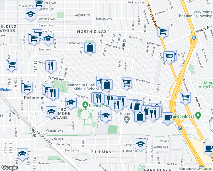 map of restaurants, bars, coffee shops, grocery stores, and more near 3309 Barrett Avenue in Richmond
