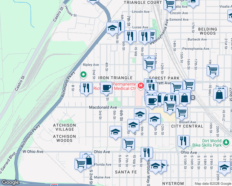 map of restaurants, bars, coffee shops, grocery stores, and more near 465 6th Street in Richmond
