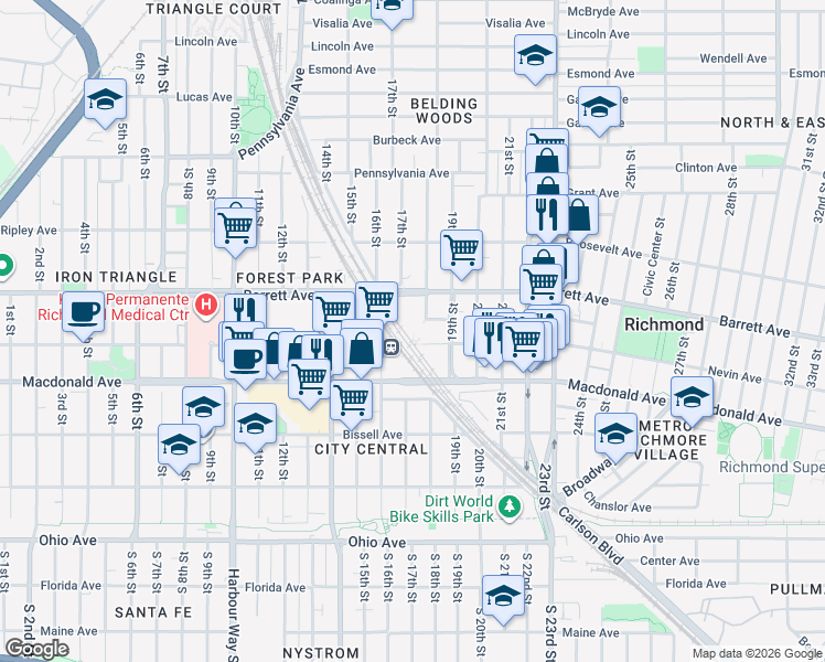 map of restaurants, bars, coffee shops, grocery stores, and more near 1700 Nevin Avenue in Richmond