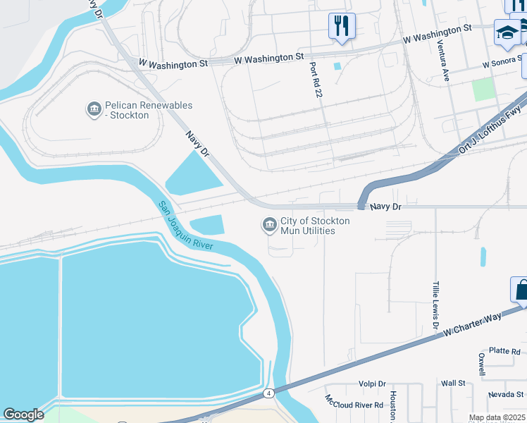 map of restaurants, bars, coffee shops, grocery stores, and more near 2632 Navy Drive in Stockton