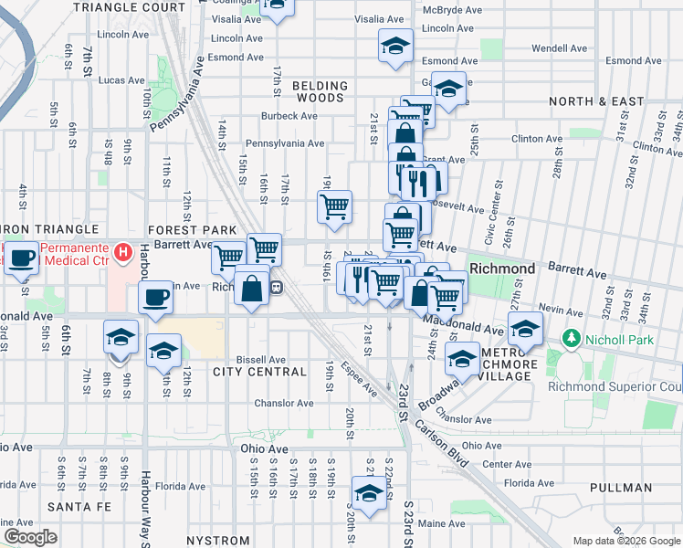 map of restaurants, bars, coffee shops, grocery stores, and more near 455 20th Street in Richmond