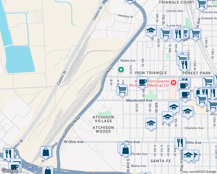map of restaurants, bars, coffee shops, grocery stores, and more near 470 Garrard Boulevard in Richmond