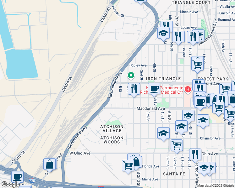 map of restaurants, bars, coffee shops, grocery stores, and more near 422 C Street in Richmond