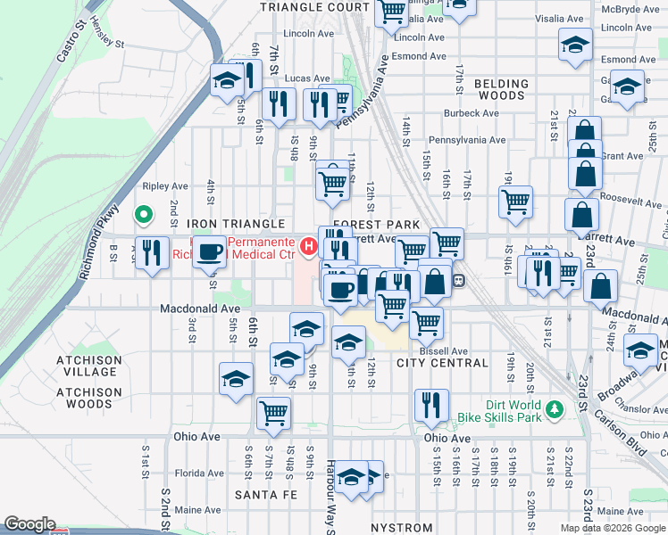 map of restaurants, bars, coffee shops, grocery stores, and more near 410 Harbour Way in Richmond