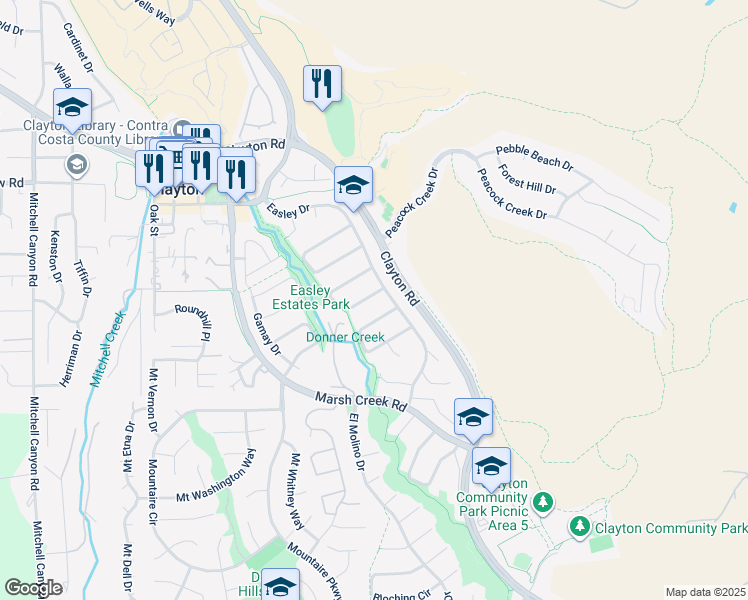 map of restaurants, bars, coffee shops, grocery stores, and more near 407 Grenache Circle in Clayton