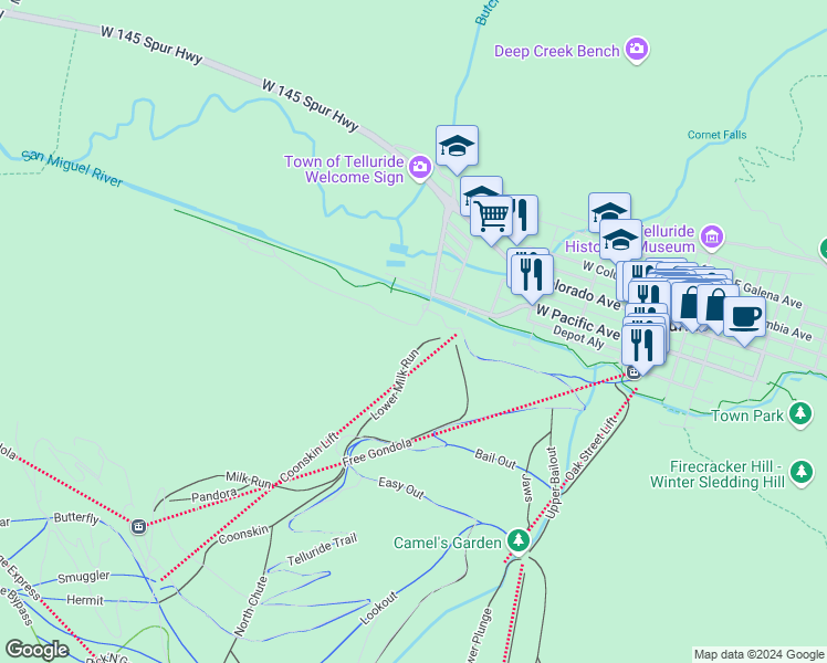 map of restaurants, bars, coffee shops, grocery stores, and more near 854-898 Black Bear Rd in Telluride