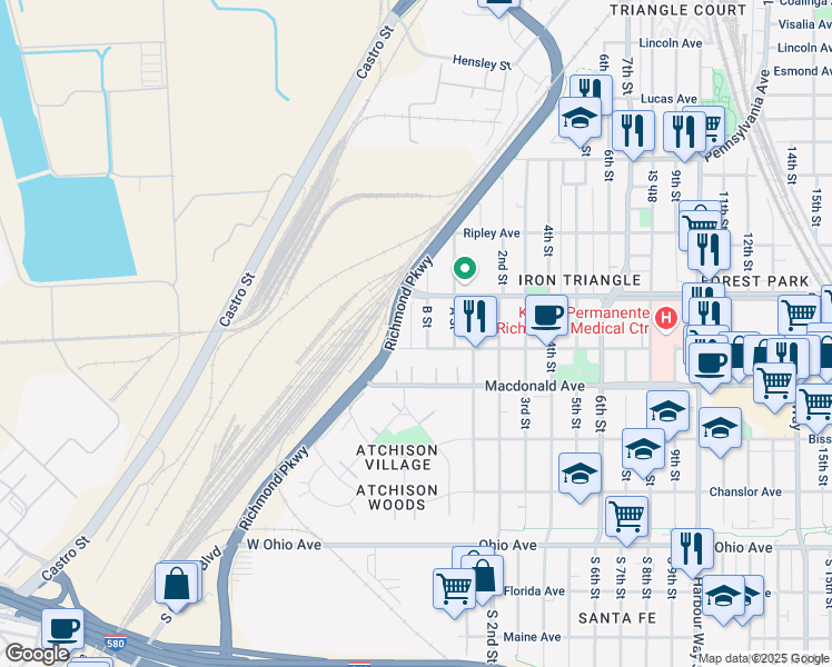 map of restaurants, bars, coffee shops, grocery stores, and more near 470 Garrard Boulevard in Richmond