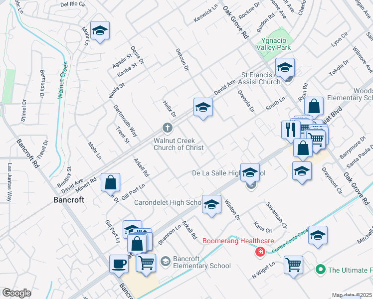 map of restaurants, bars, coffee shops, grocery stores, and more near 1861 Argonne Drive in Walnut Creek