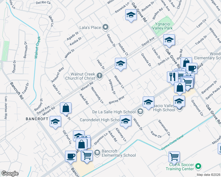 map of restaurants, bars, coffee shops, grocery stores, and more near 1861 Argonne Drive in Walnut Creek