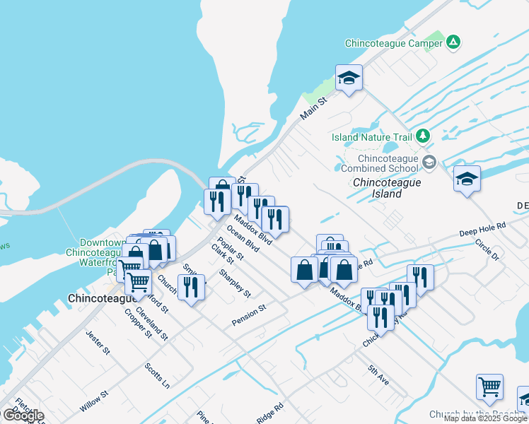 map of restaurants, bars, coffee shops, grocery stores, and more near 6126 Taylor Street in Chincoteague