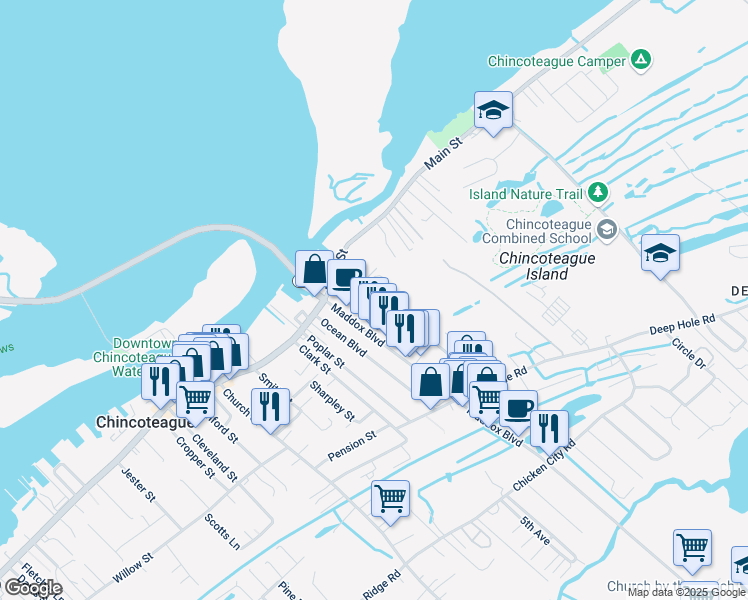 map of restaurants, bars, coffee shops, grocery stores, and more near 6126 Taylor Street in Chincoteague