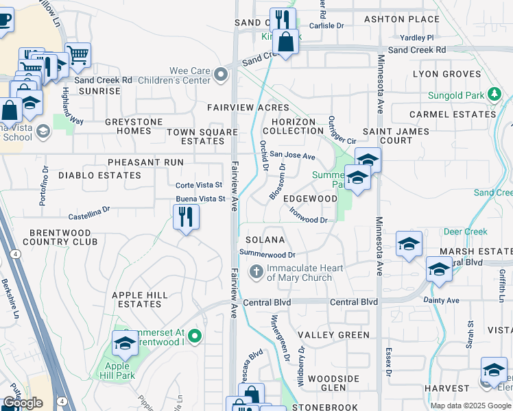 map of restaurants, bars, coffee shops, grocery stores, and more near 1450 Shadow Falls Drive in Brentwood