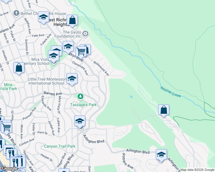 map of restaurants, bars, coffee shops, grocery stores, and more near 2732 Del Monte Avenue in El Cerrito