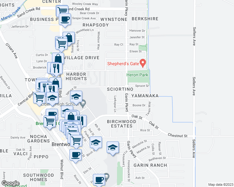 map of restaurants, bars, coffee shops, grocery stores, and more near 866 Larkspur Lane in Brentwood
