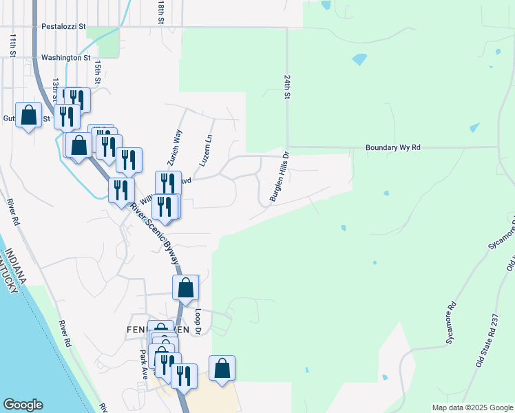 map of restaurants, bars, coffee shops, grocery stores, and more near 105 Geneva Drive in Tell City