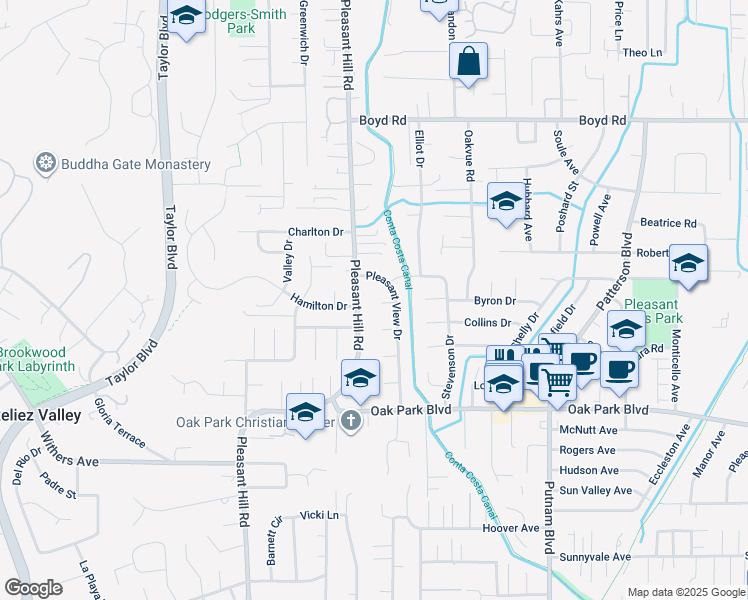 map of restaurants, bars, coffee shops, grocery stores, and more near 130 Wyatt Circle in Pleasant Hill
