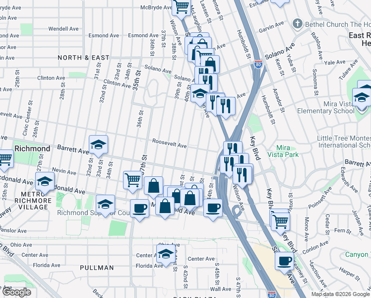 map of restaurants, bars, coffee shops, grocery stores, and more near 4026 Roosevelt Avenue in Richmond