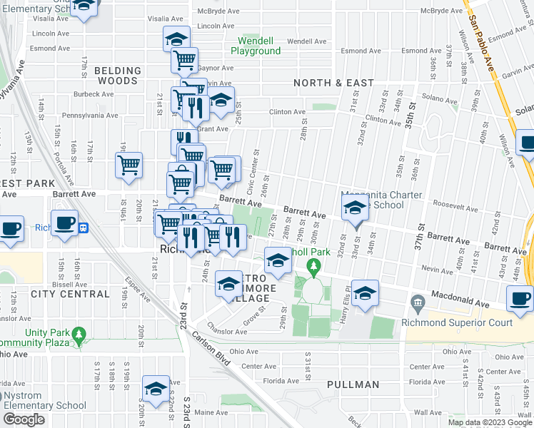 map of restaurants, bars, coffee shops, grocery stores, and more near 450 Civic Center Plaza in Richmond