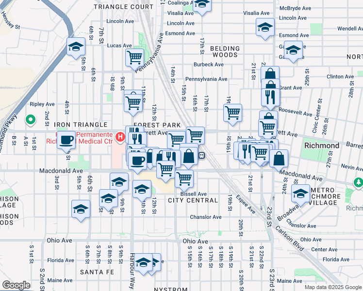 map of restaurants, bars, coffee shops, grocery stores, and more near 487 Metro Walk Way in Richmond