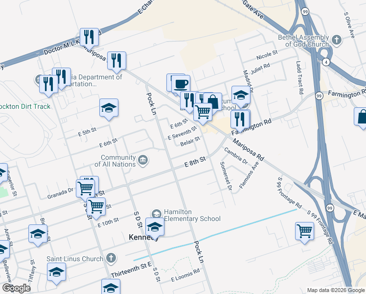 map of restaurants, bars, coffee shops, grocery stores, and more near 2459 Belair Street in Stockton
