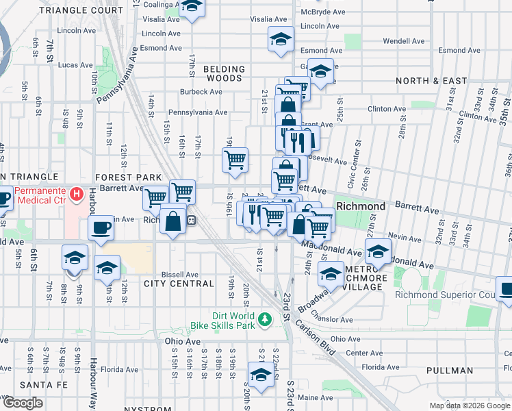 map of restaurants, bars, coffee shops, grocery stores, and more near 455 20th Street in Richmond