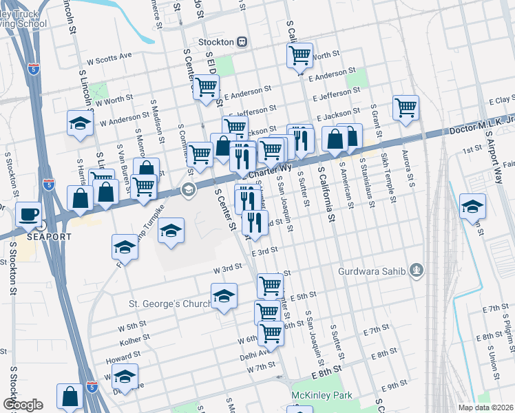map of restaurants, bars, coffee shops, grocery stores, and more near 1460 South Hunter Street in Stockton