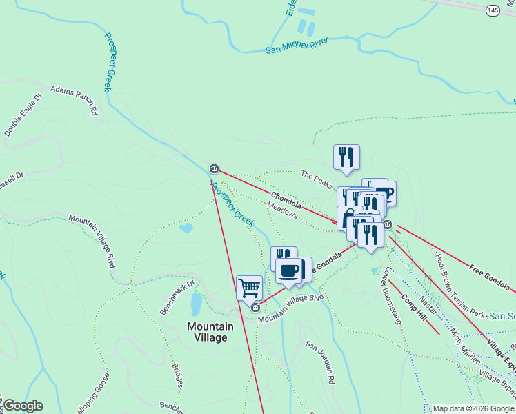 map of restaurants, bars, coffee shops, grocery stores, and more near 245 Country Club Drive in Mountain Village