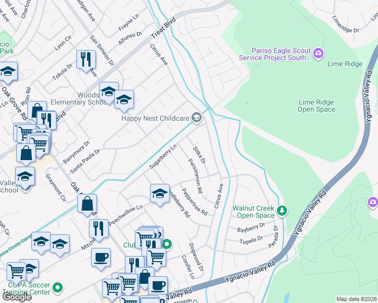 map of restaurants, bars, coffee shops, grocery stores, and more near 660 Sitka Drive in Walnut Creek