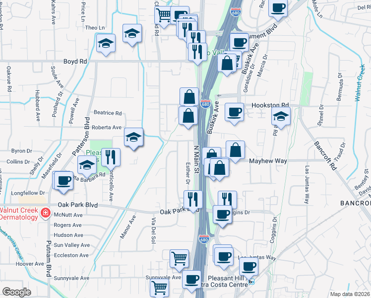 map of restaurants, bars, coffee shops, grocery stores, and more near 105 Astrid Drive in Pleasant Hill
