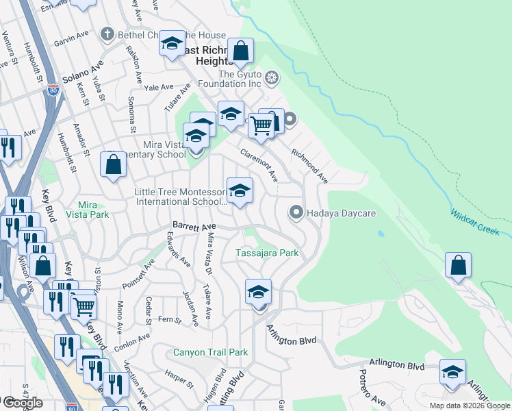 map of restaurants, bars, coffee shops, grocery stores, and more near 2642 Tassajara Avenue in El Cerrito