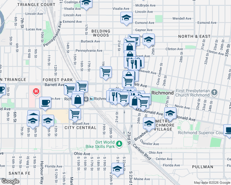 map of restaurants, bars, coffee shops, grocery stores, and more near 455 20th Street in Richmond