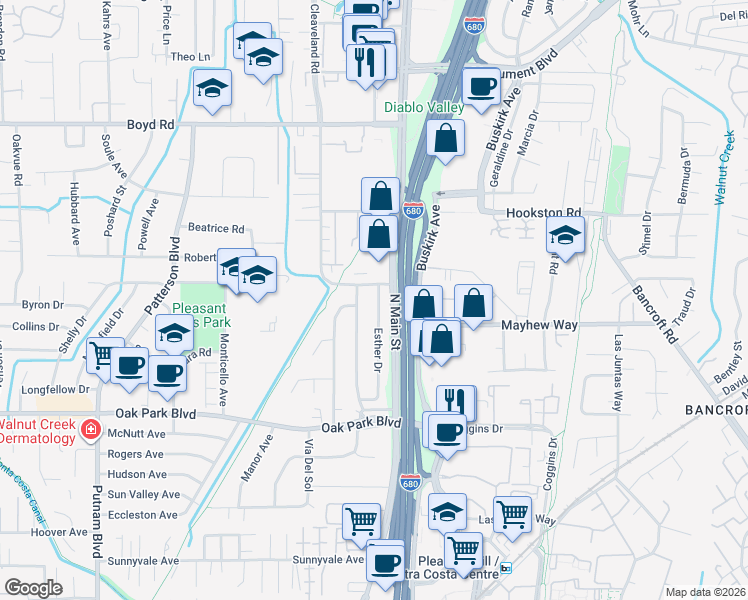 map of restaurants, bars, coffee shops, grocery stores, and more near 105 Astrid Drive in Pleasant Hill