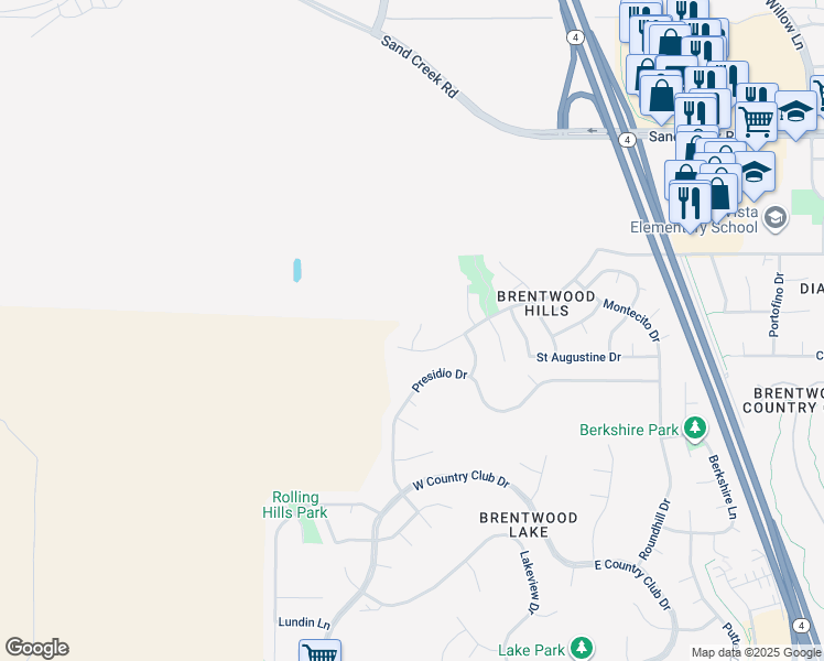map of restaurants, bars, coffee shops, grocery stores, and more near 729 Copperfield Court in Brentwood