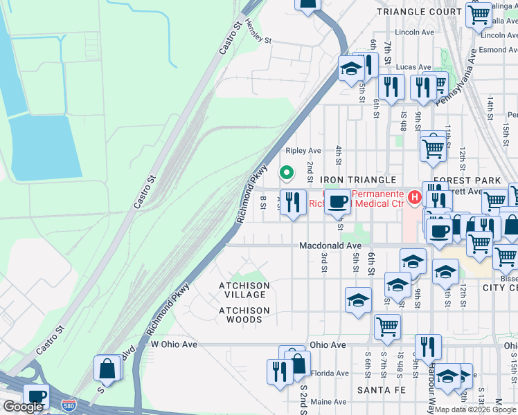 map of restaurants, bars, coffee shops, grocery stores, and more near 439 B Street in Richmond