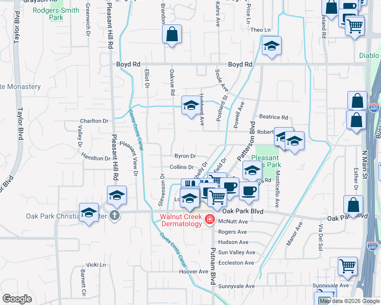 map of restaurants, bars, coffee shops, grocery stores, and more near 46 Byron Drive in Pleasant Hill